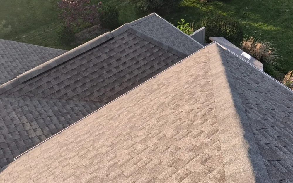 Aerial view of a completed shingle roof valley and ridge line at golden hour, with a backyard lawn, maple tree, and evergreens below.